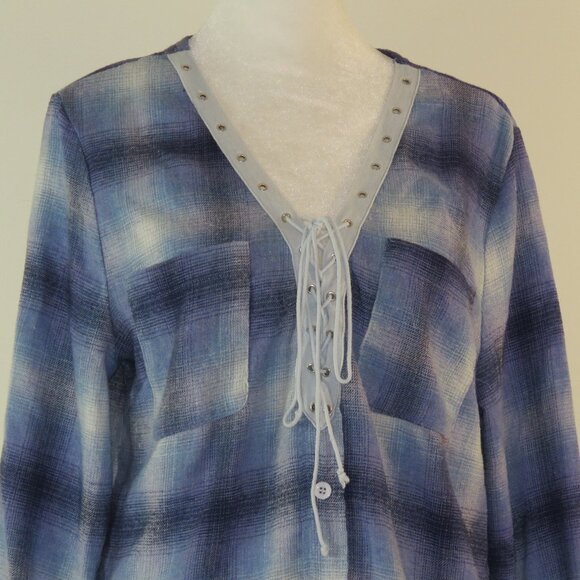 Yidarton Blue Plaid Long-Sleeve Pullover V-Neck, Tie & Button Top Size M (C1669) - Picture 1 of 7